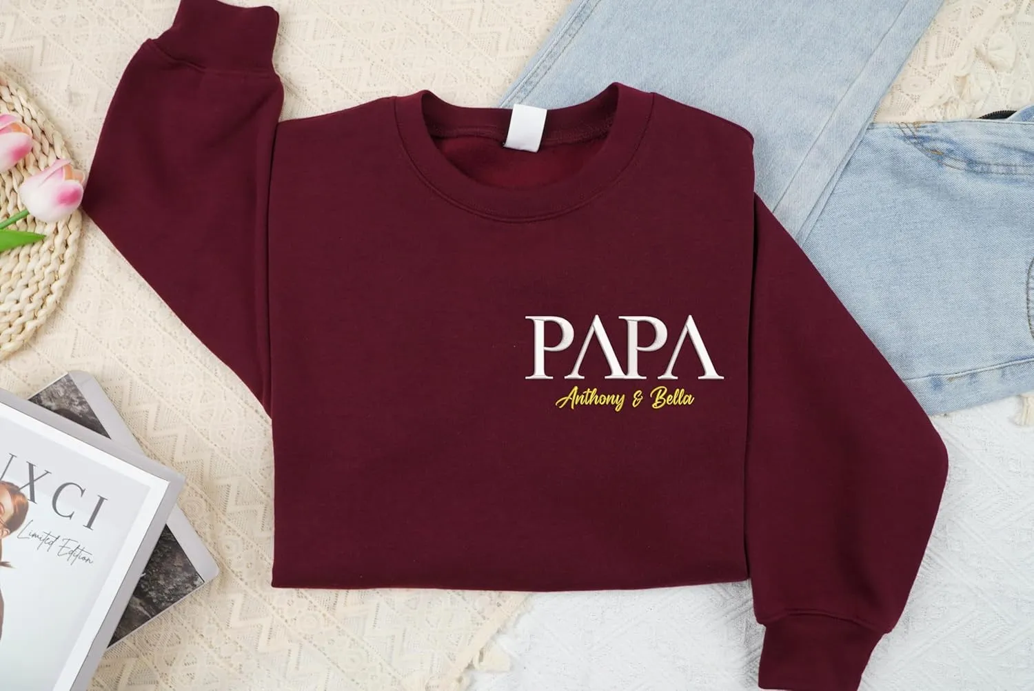 Personalized Embroidered Dad Est Sweatshirt with Name on Sleeve, Custom Crewneck Sweatshirt for Fathers Day