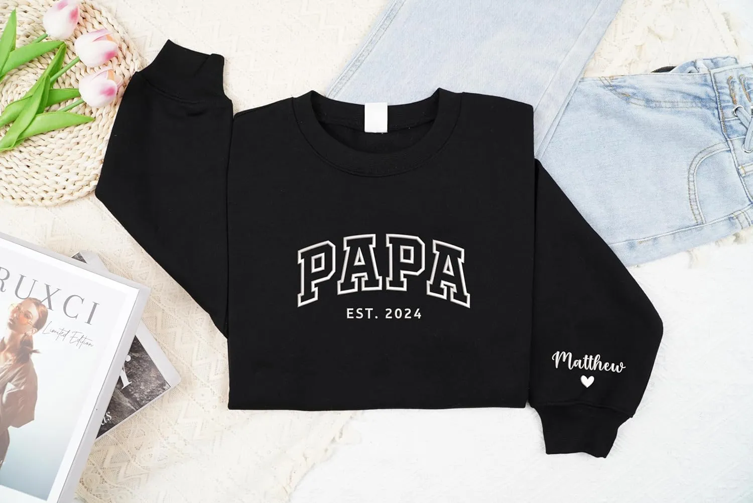 Personalized Embroidered Dad Est Sweatshirt with Name on Sleeve, Custom Crewneck Sweatshirt for Fathers Day