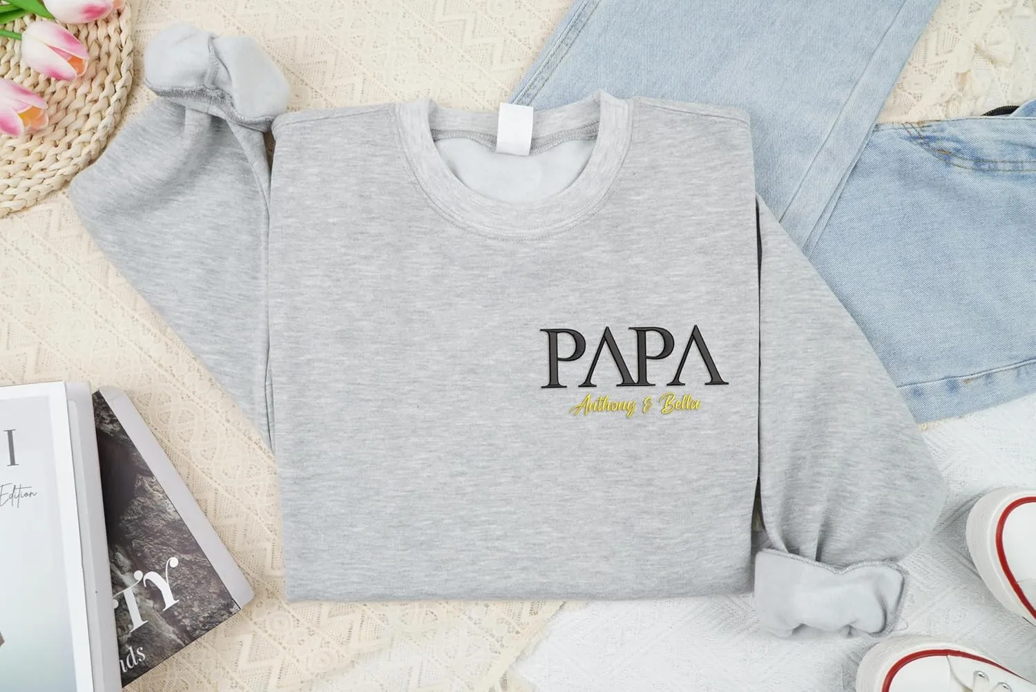 Personalized Embroidered Dad Est Sweatshirt with Name on Sleeve, Custom Crewneck Sweatshirt for Fathers Day