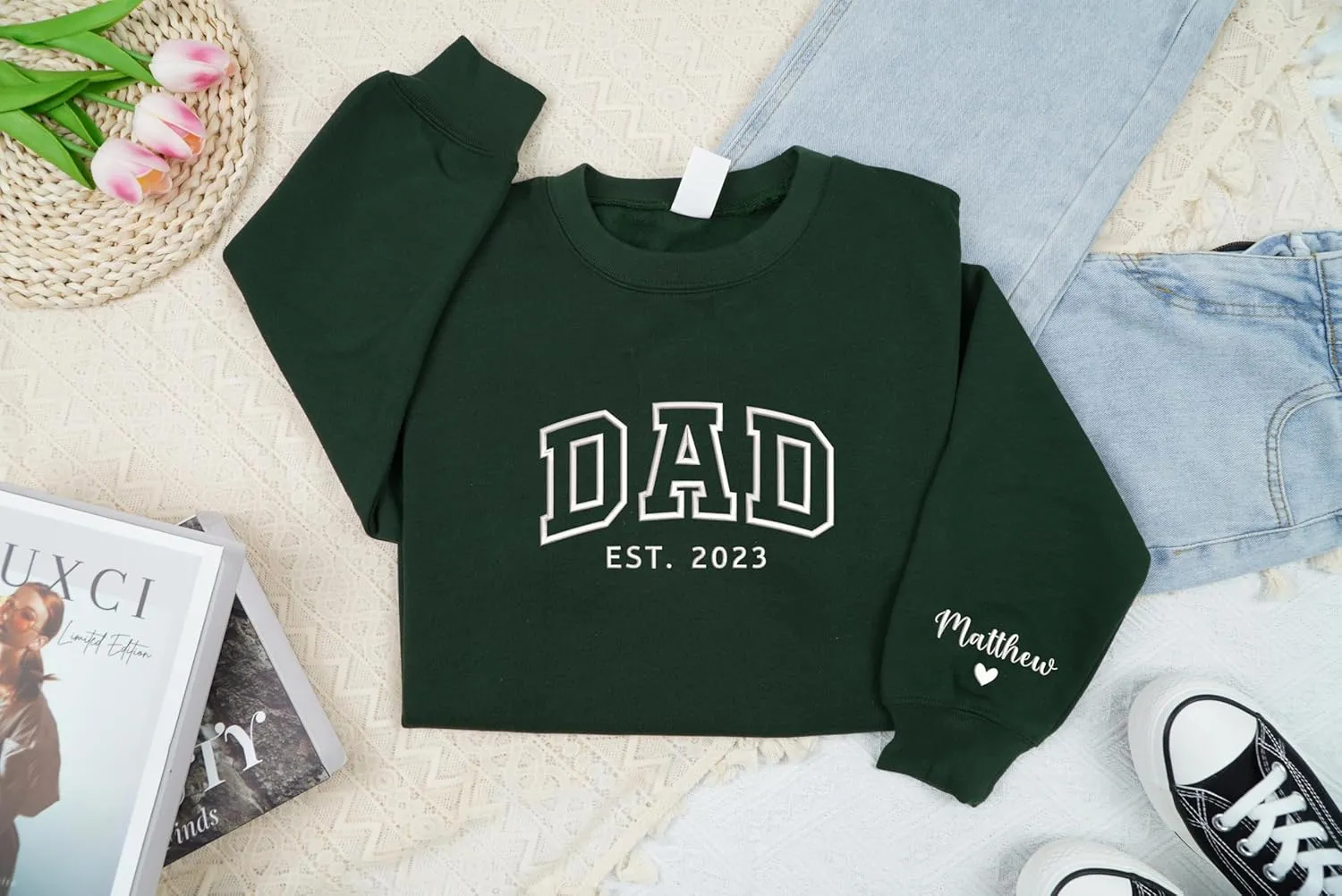 Personalized Embroidered Dad Est Sweatshirt with Name on Sleeve, Custom Crewneck Sweatshirt for Fathers Day