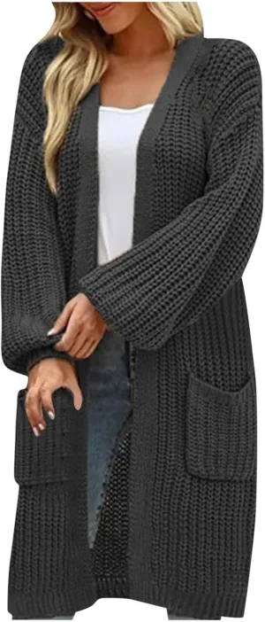 Plus Size Cardigan for Women Knit Lightweight Open Front Chunky Sweater Casual Long Sleeve Jacket Coat with Pockets