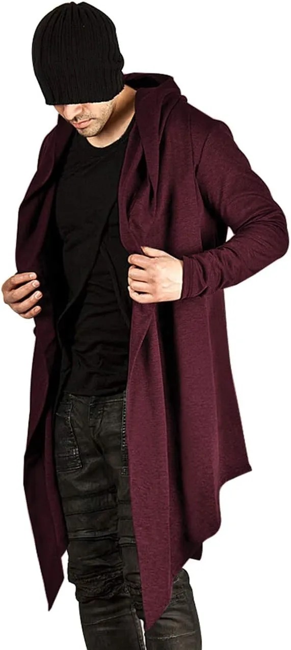 Poriff Mens Draped Cardigans Long Sleeve with Hooded Pockets Long Shawl Ruffle
