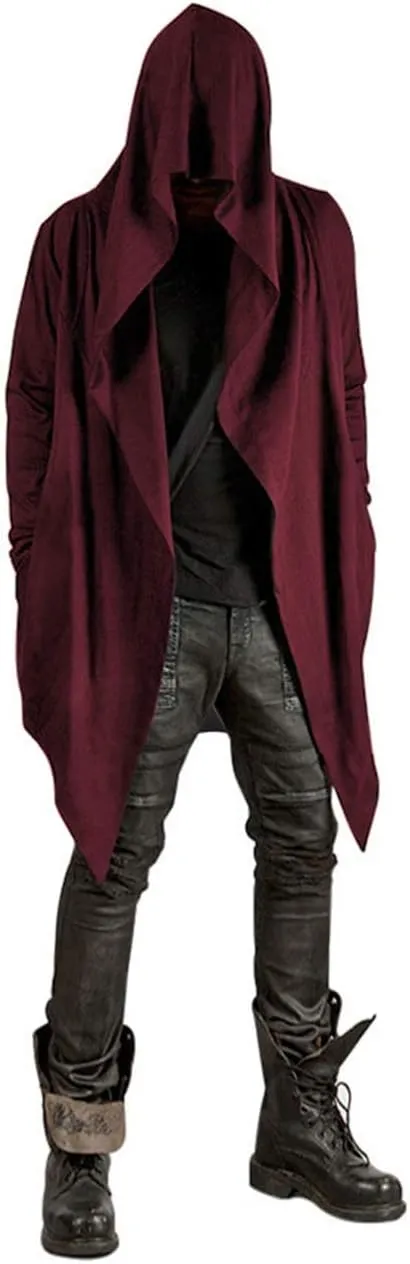 Poriff Mens Draped Cardigans Long Sleeve with Hooded Pockets Long Shawl Ruffle