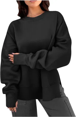 Preppy Sweatshirt For Women Long Sleeve Side Slits Crewneck Tunic Top Casual Fall Soft Pullover Clothes Fashion 2024