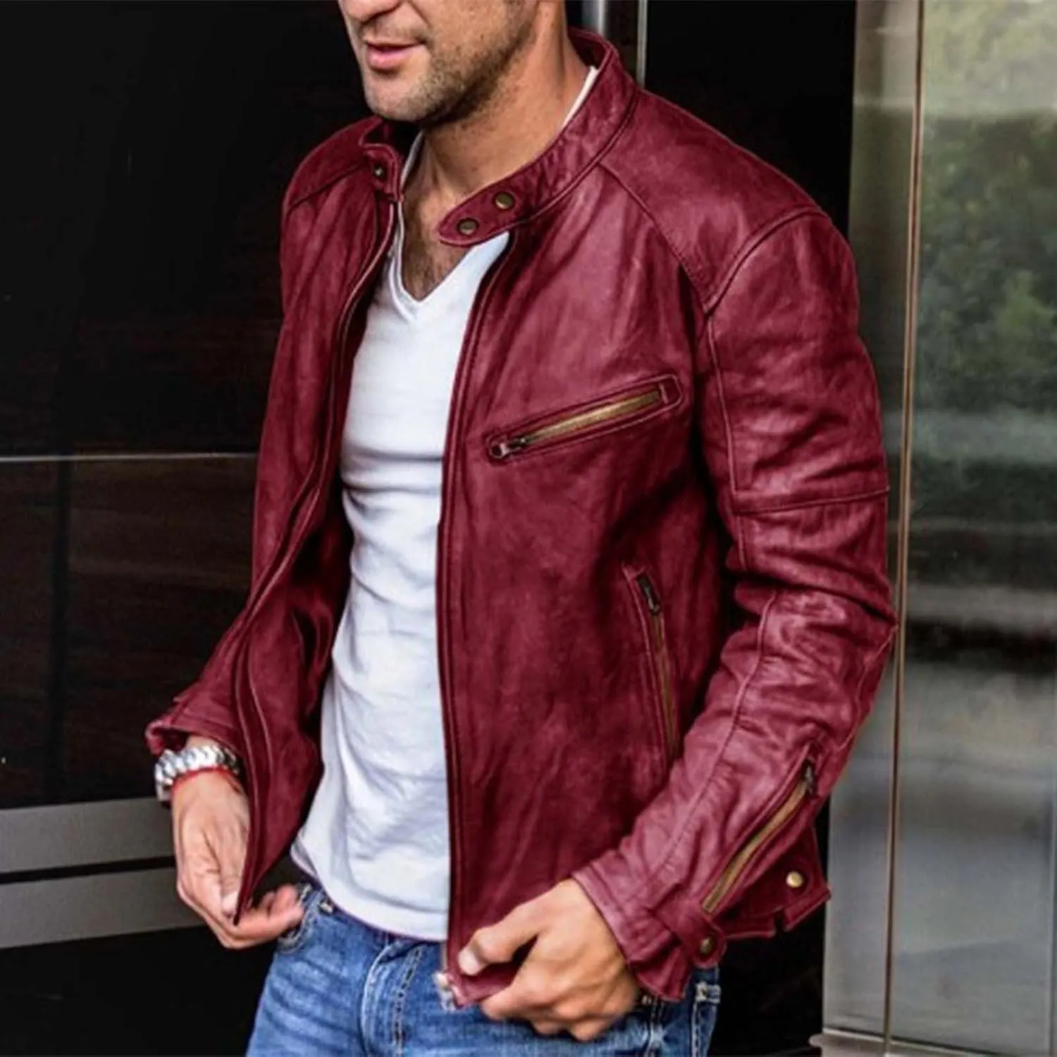 QWENTMTNTY Men Vintage Faux Leather Jacket Retro Fashion Zipper Leather Motorcycle Jacket Regular Fit Racer Coat Outerwear