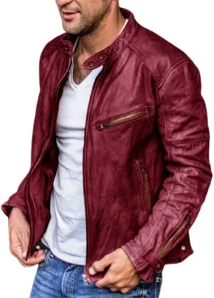 QWENTMTNTY Men Vintage Faux Leather Jacket Retro Fashion Zipper Leather Motorcycle Jacket Regular Fit Racer Coat Outerwear