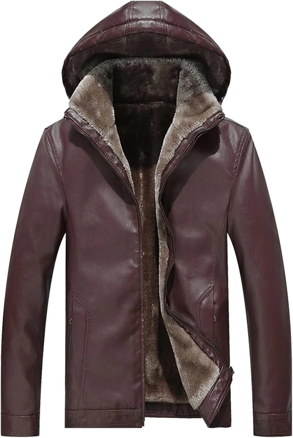 QWENTMTNTY Mens Faux Fur Leather Jacket Thicken Warm Winter Coat with Detachable Hood Faux Shearling Leather Jacket Overcoat