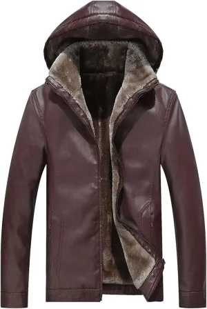 QWENTMTNTY Mens Faux Fur Leather Jacket Thicken Warm Winter Coat with Detachable Hood Faux Shearling Leather Jacket Overcoat