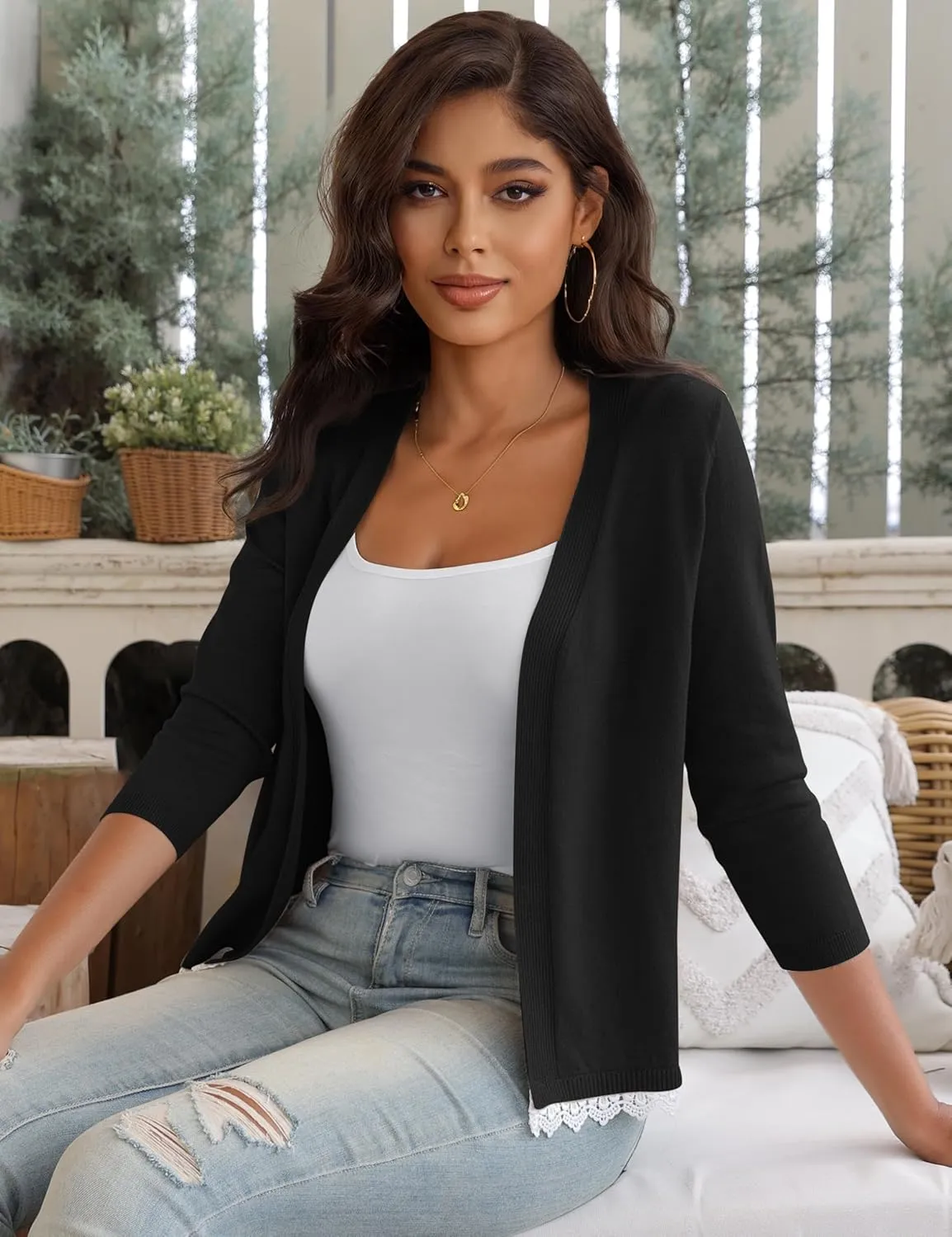 REDHOTYPE Women's Shrugs Lightweight 3/4 Sleeve Open Front Cropped Cardigan Sweaters for Women