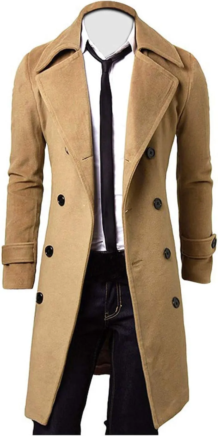 RTRDE Mens Trench Coat Notched Lapel Long Length Jacket Double Breasted Fall Winter Overcoat Casual Peacoat, M-3XL
