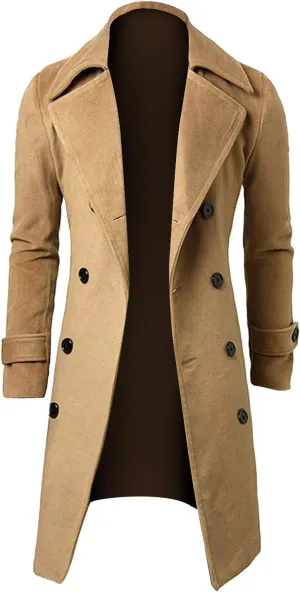RTRDE Mens Trench Coat Notched Lapel Long Length Jacket Double Breasted Fall Winter Overcoat Casual Peacoat, M-3XL