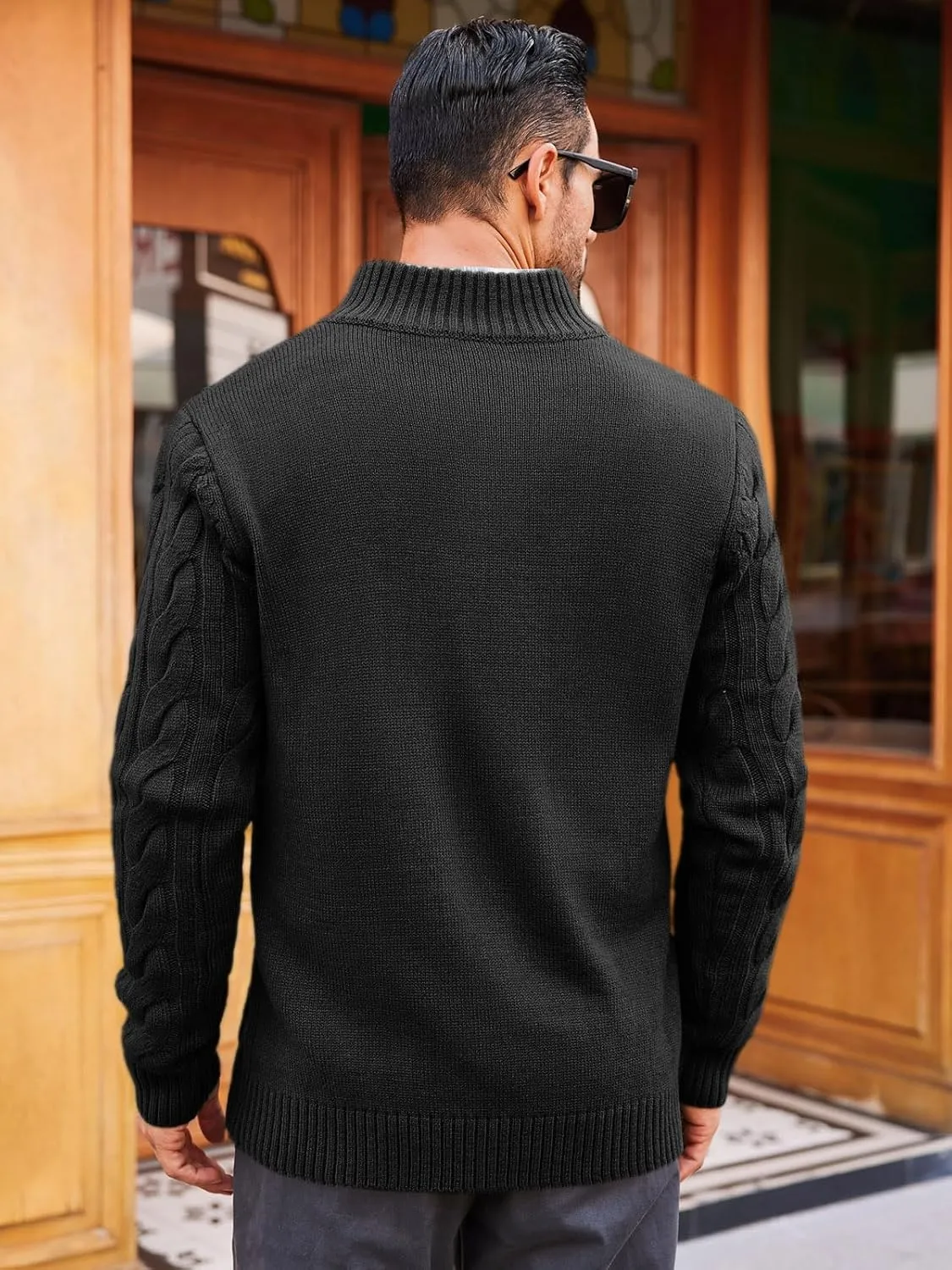 Runcati Mens Cable Knit Pullover Sweater Casual Stand Collar Chunky Buttons Fall Winter Sweaters