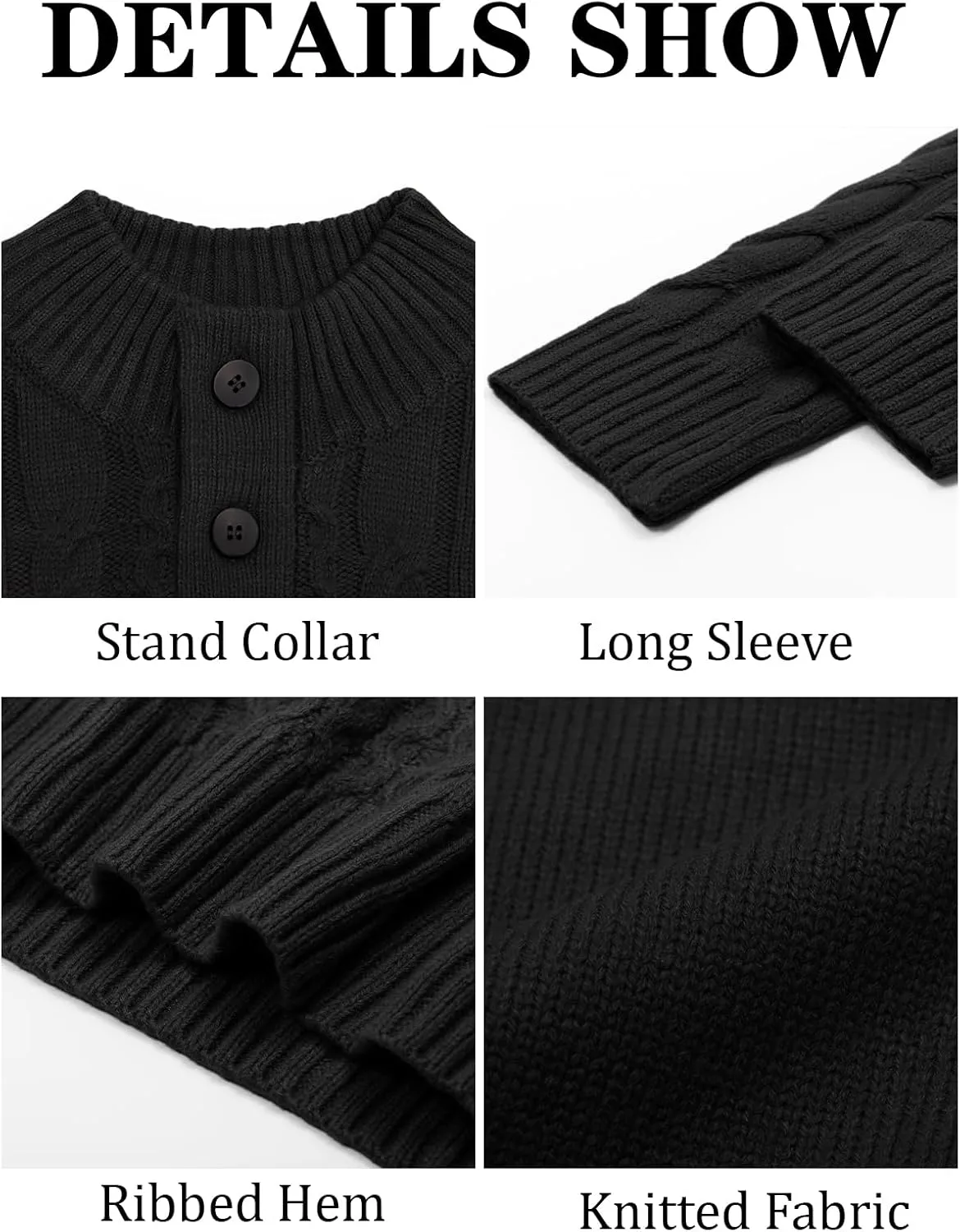 Runcati Mens Cable Knit Pullover Sweater Casual Stand Collar Chunky Buttons Fall Winter Sweaters