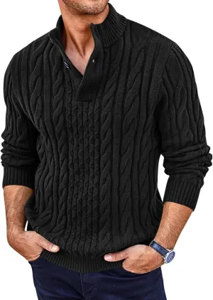 Runcati Mens Cable Knit Pullover Sweater Casual Stand Collar Chunky Buttons Fall Winter Sweaters