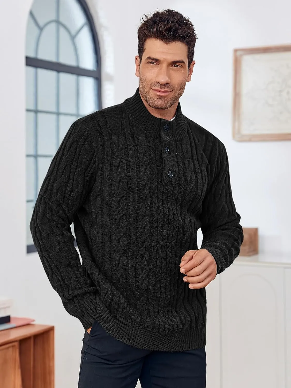 Runcati Mens Cable Knit Pullover Sweater Casual Stand Collar Chunky Buttons Fall Winter Sweaters