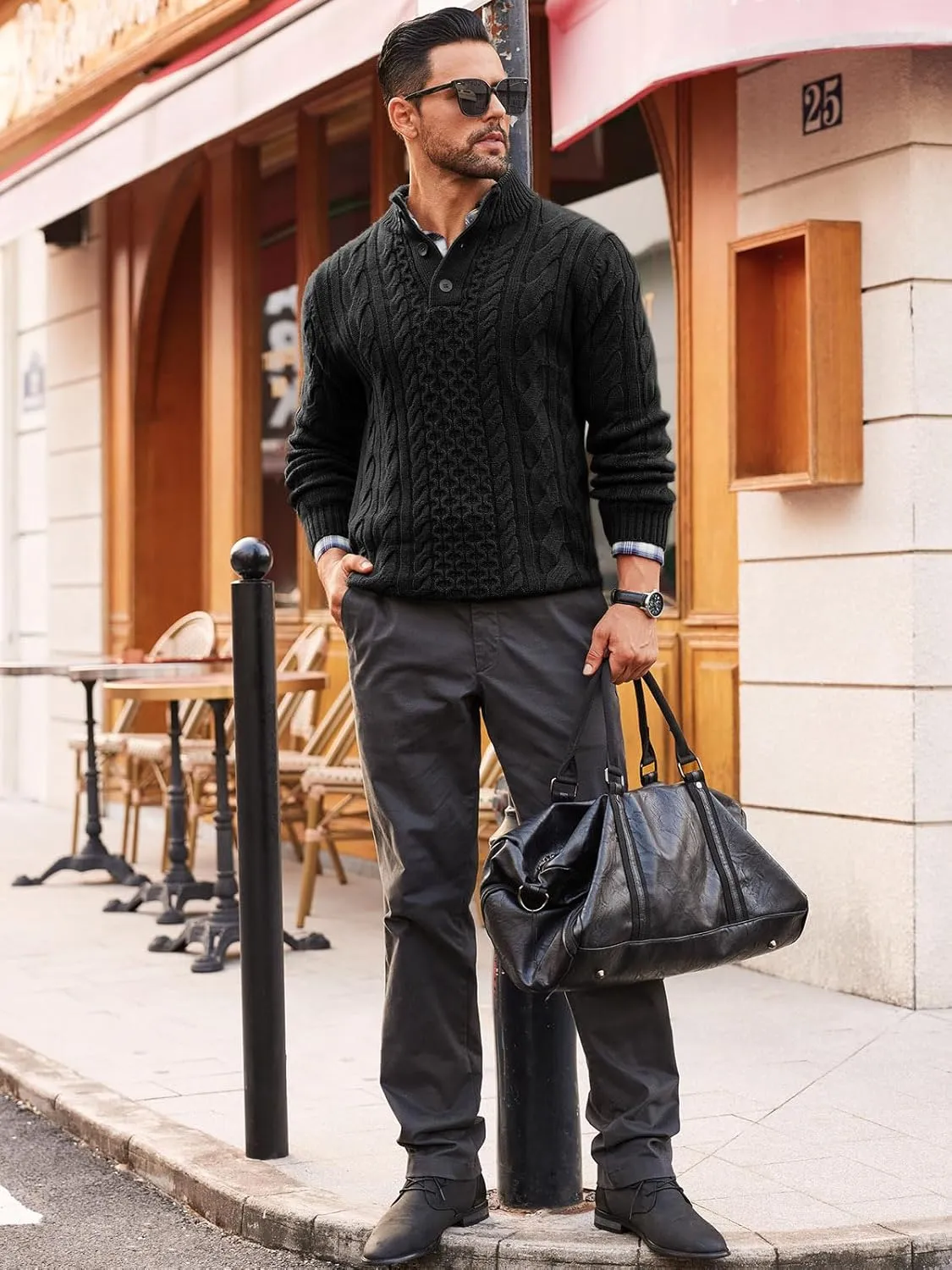 Runcati Mens Cable Knit Pullover Sweater Casual Stand Collar Chunky Buttons Fall Winter Sweaters