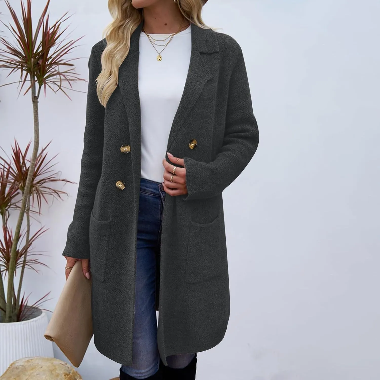 SEAOPEN Pea Coats for Women Thick Wool Trench Coat Long Double Breasted Peacoats Lapel Open Front Jacket with Pockets