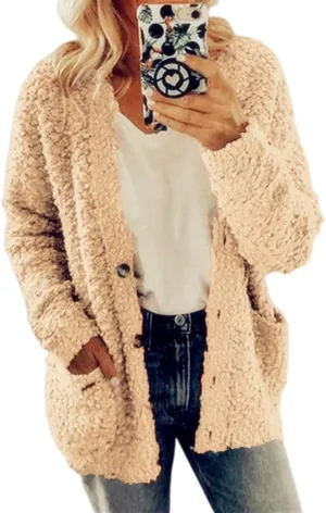 Sherpa Jacket Women Fuzzy Fleece Oversized Open Front Cardigan Long Sleeve Button Coat Casual Fall Winter Outerwear