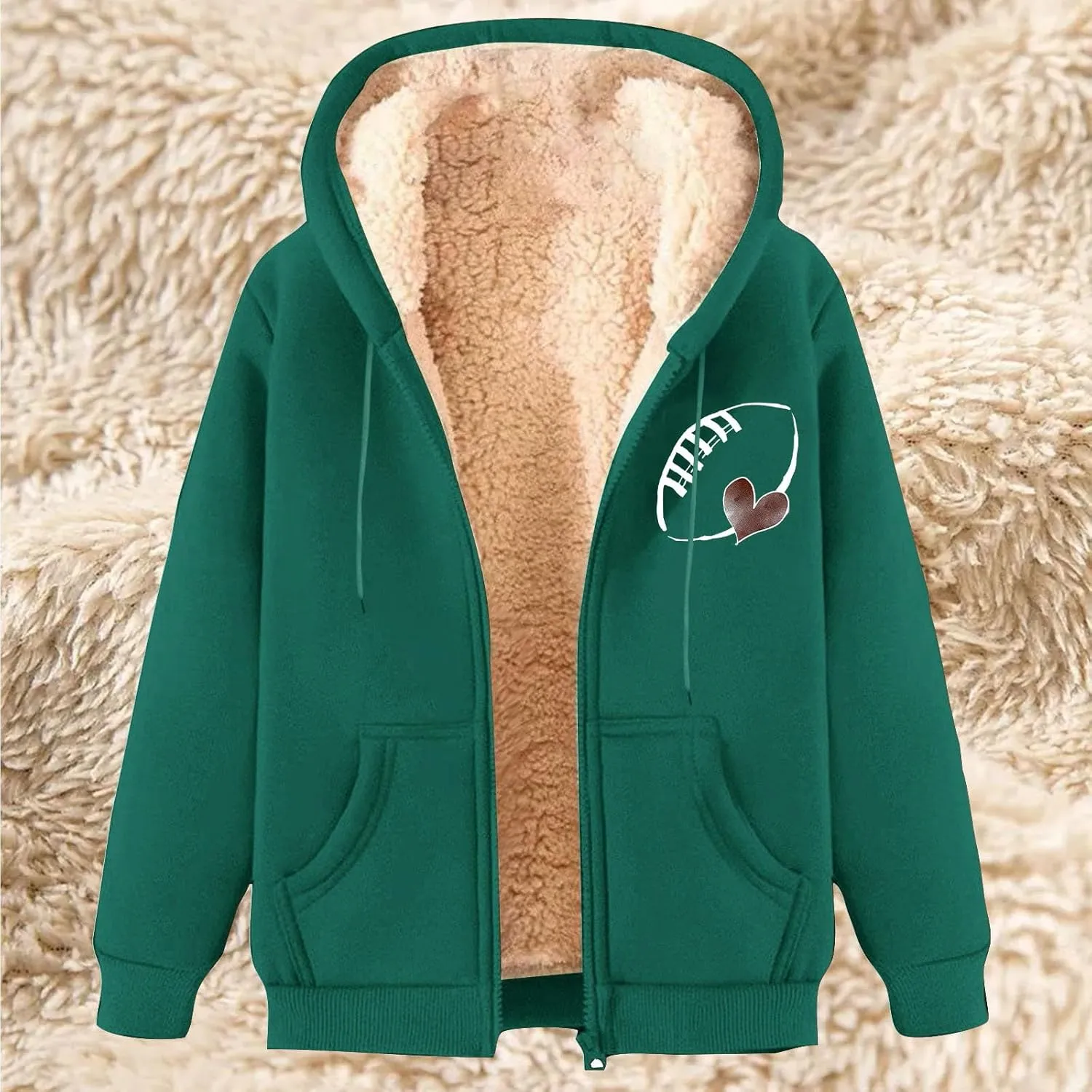 Sherpa Lined Fleece Jacket Women With Hood Fashion Print Long Sleeve Drawstring Fuzzy Coat Fall Winter Pocket Tops