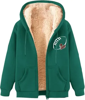 Sherpa Lined Fleece Jacket Women With Hood Fashion Print Long Sleeve Drawstring Fuzzy Coat Fall Winter Pocket Tops