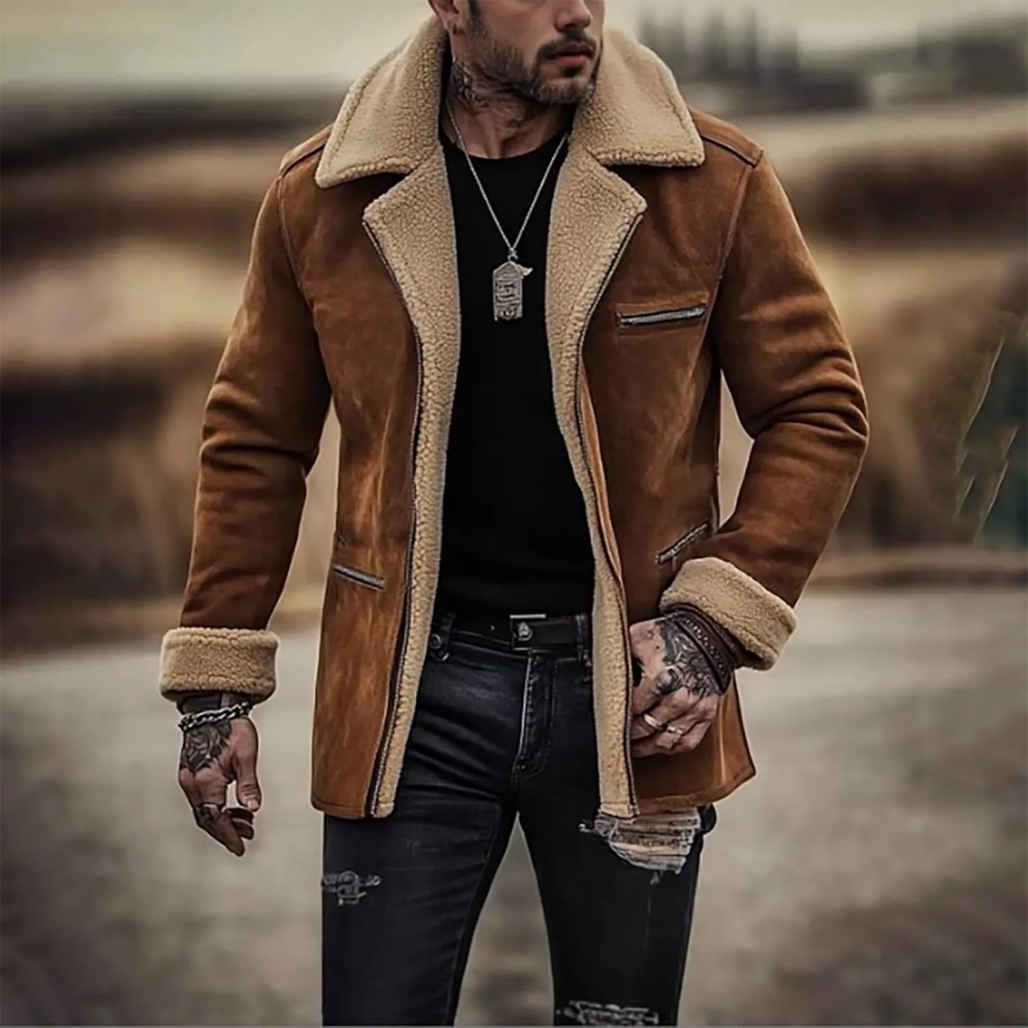 Sherpa Lined Leather Jacket Men Suede Sherpa Shearling Faux Fur Plush Collar Leather Coat Sheepskin Coat Winter Jackets