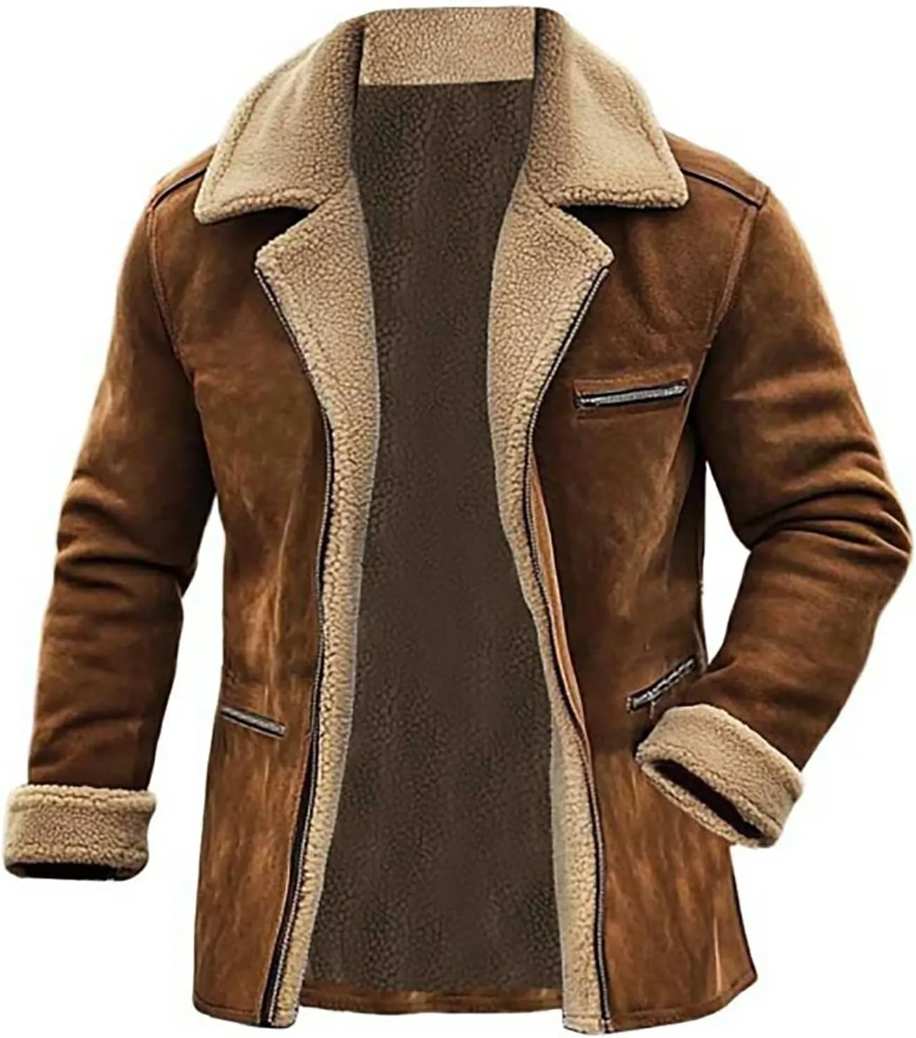 Sherpa Lined Leather Jacket Men Suede Sherpa Shearling Faux Fur Plush Collar Leather Coat Sheepskin Coat Winter Jackets