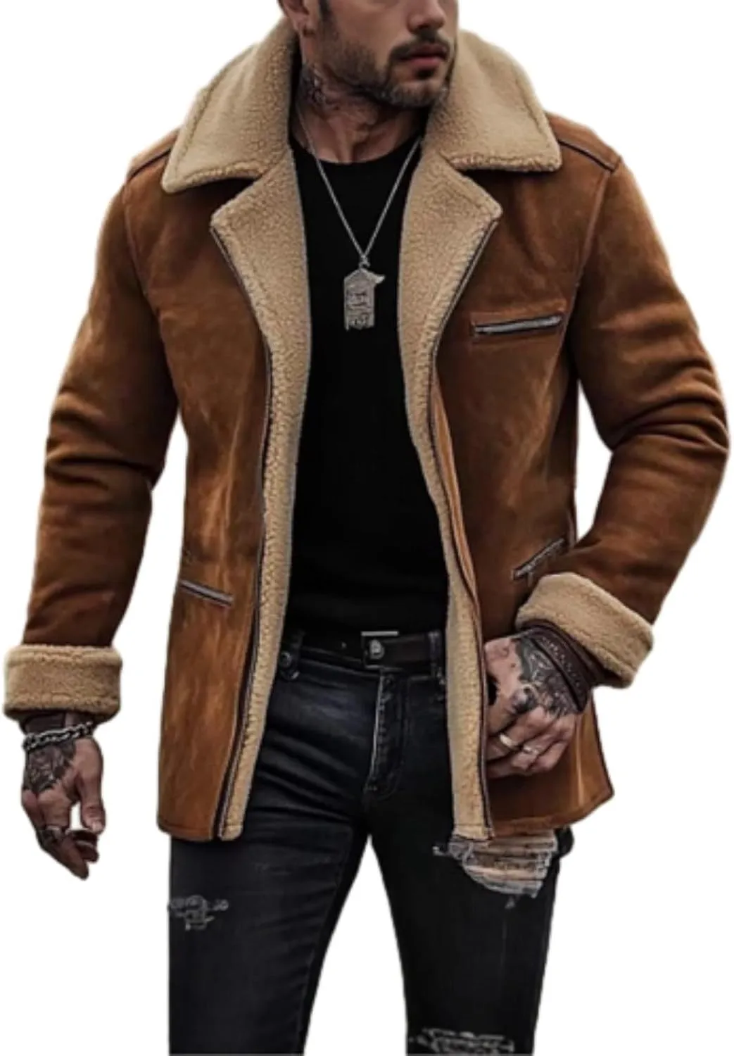 Sherpa Lined Leather Jacket Men Suede Sherpa Shearling Faux Fur Plush Collar Leather Coat Sheepskin Coat Winter Jackets