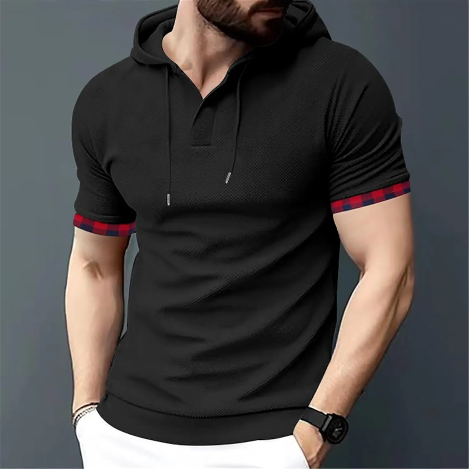 Short Sleeve Hoodies for Men Muscle V Neck Waffle Polo Shirts Slim Fit Golf Shirts Retro Plaid Tops Soft Casual Tees