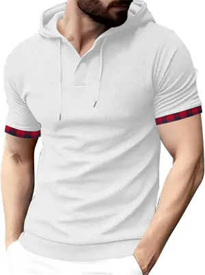 Short Sleeve Hoodies for Men Muscle V Neck Waffle Polo Shirts Slim Fit Golf Shirts Retro Plaid Tops Soft Casual Tees