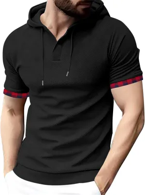 Short Sleeve Hoodies for Men Muscle V Neck Waffle Polo Shirts Slim Fit Golf Shirts Retro Plaid Tops Soft Casual Tees