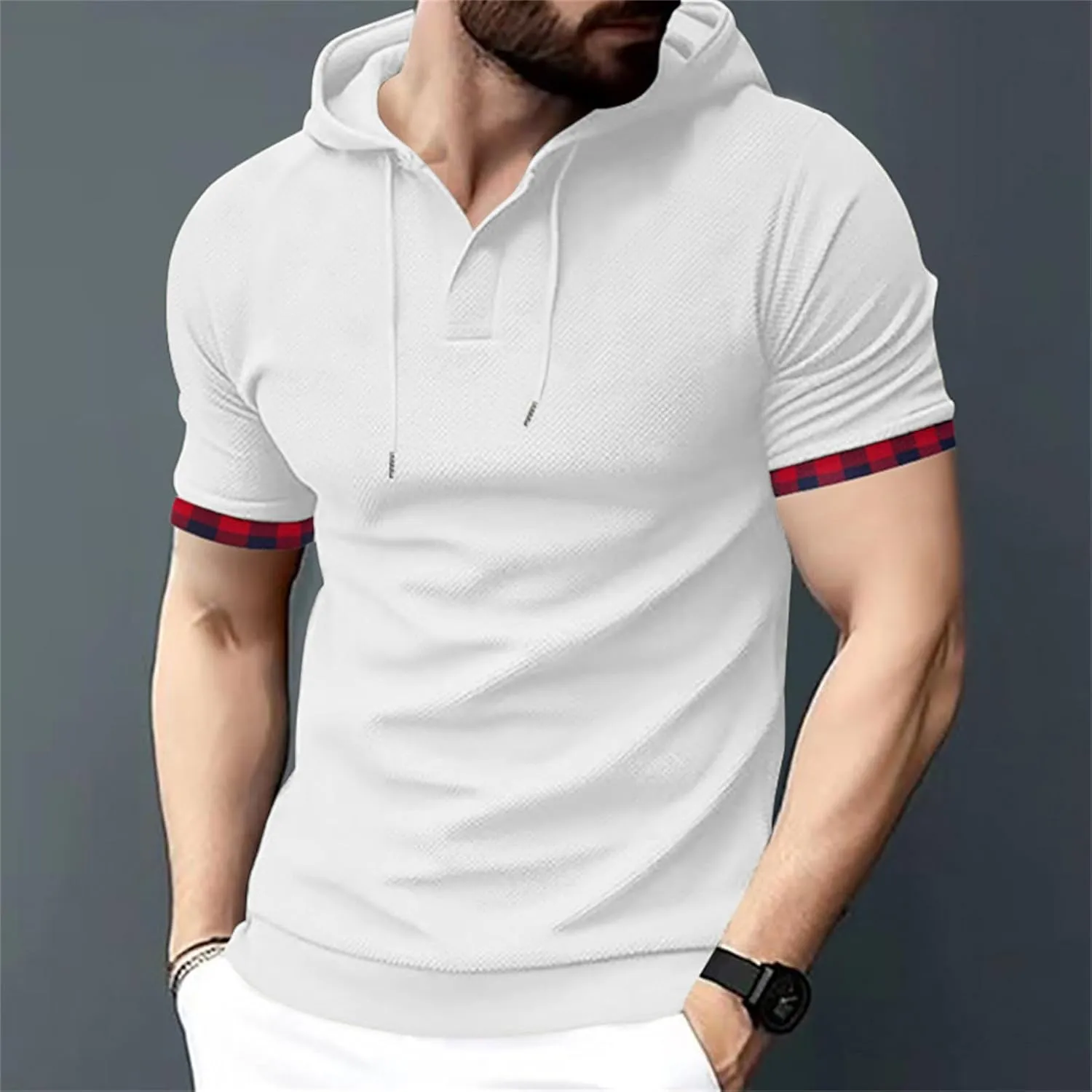 Short Sleeve Hoodies for Men Muscle V Neck Waffle Polo Shirts Slim Fit Golf Shirts Retro Plaid Tops Soft Casual Tees
