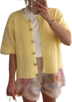 Short Sleeve Sweater Cardigans for Women Button Down Ribbed Knit Chunky Shirt Y2k Open Front Cardigan Sweaters Tops