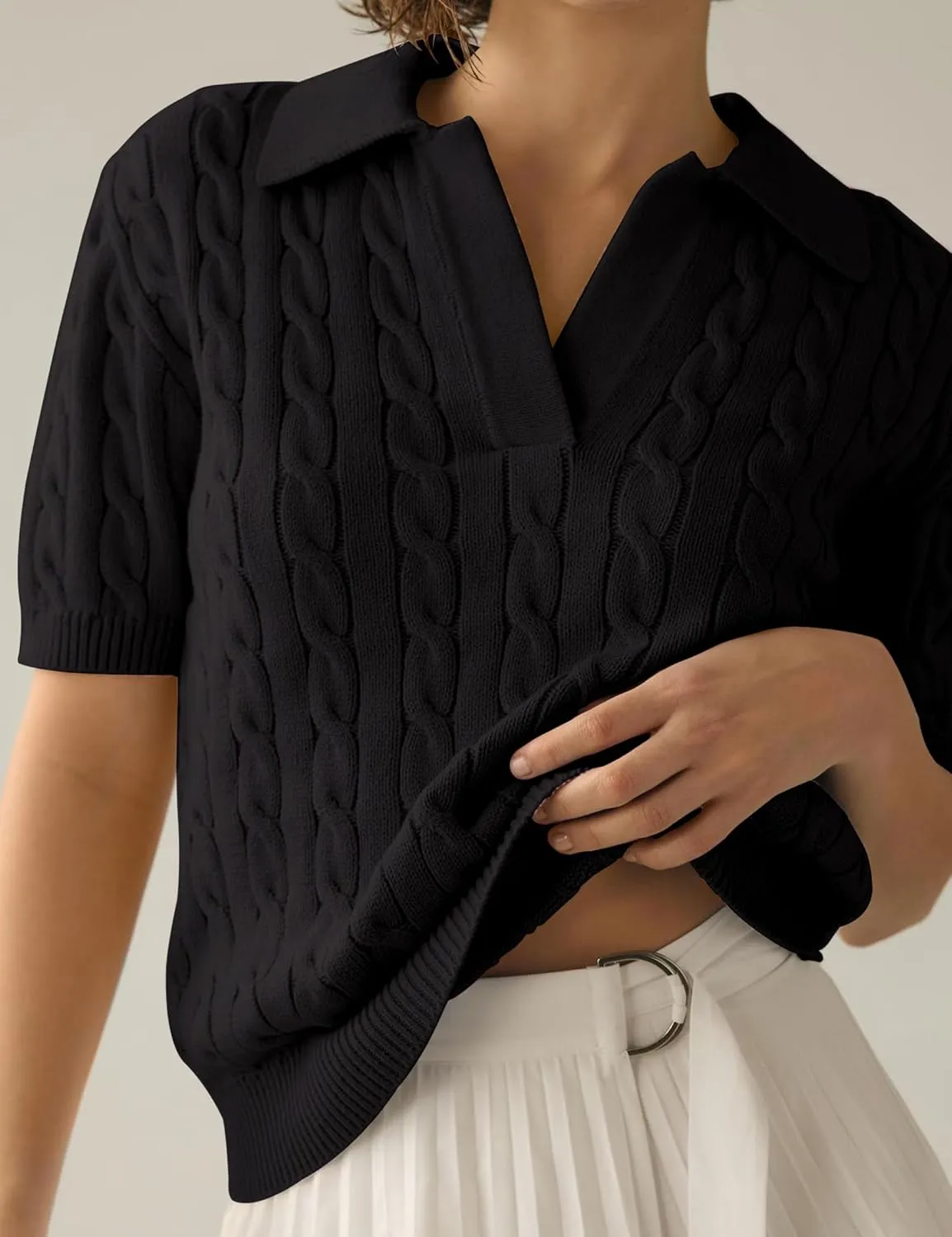 SPR&JOY Womens Short Sleeve Sweaters Cable Knitted V Neck Pullover Sweaters Lightweight Shirt Tops
