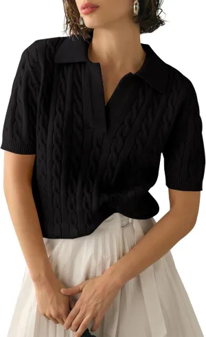 SPR&JOY Womens Short Sleeve Sweaters Cable Knitted V Neck Pullover Sweaters Lightweight Shirt Tops