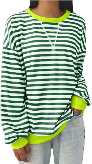Striped Color Block Sweatshirt for Women Oversized Casual Crewneck Tops Long Sleeve Fleece Fashion Loose Fit Sweater