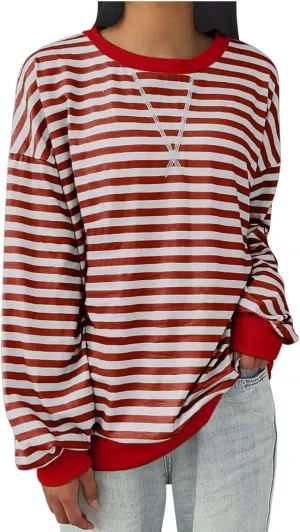 Striped Color Block Sweatshirt for Women Oversized Casual Crewneck Tops Long Sleeve Fleece Fashion Loose Fit Sweater