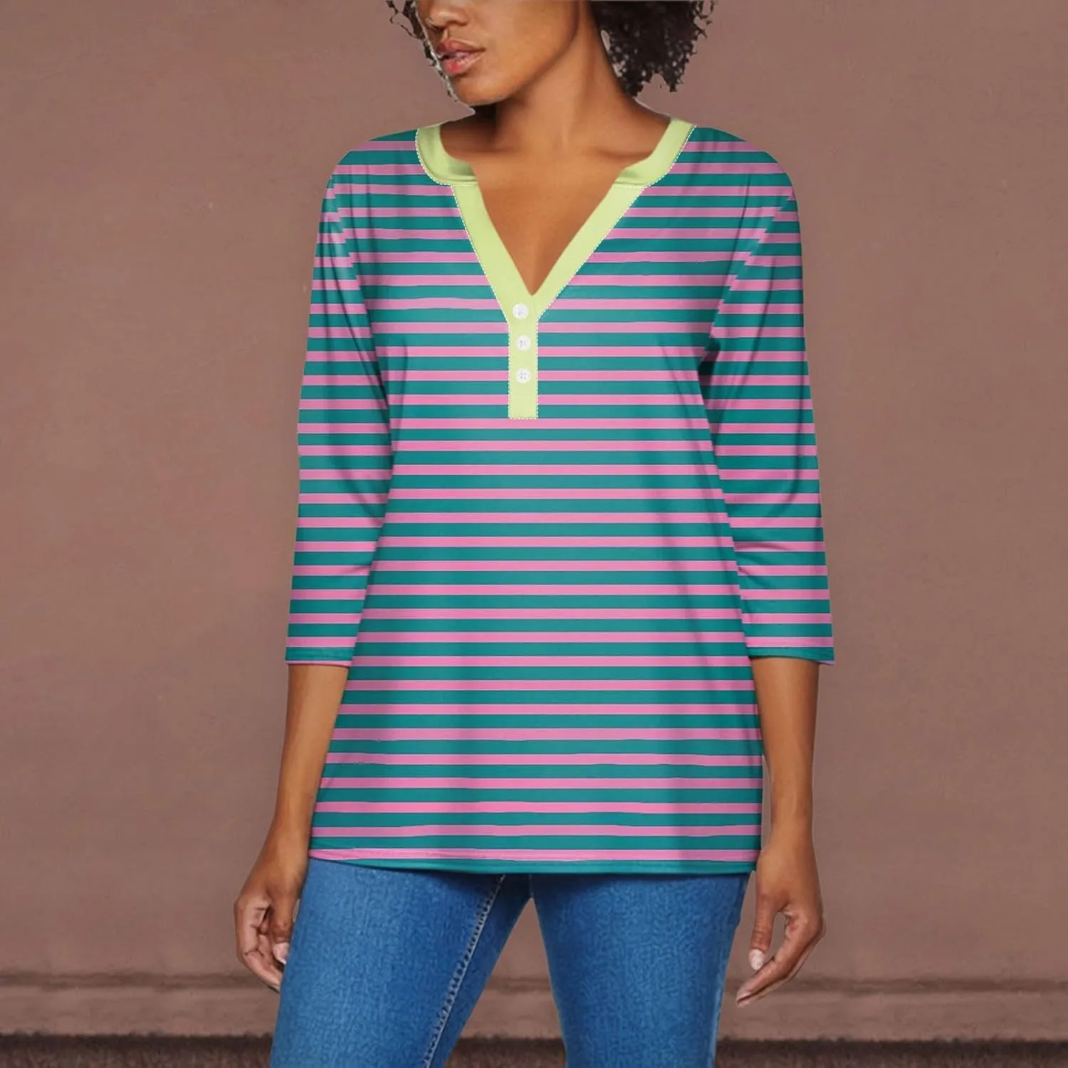 Striped Shirt Women Oversized Color Block Long Sleeve Sweatshirt Pullover Slim Henley Collar Tops Blouse Basic Tee