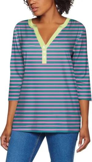 Striped Shirt Women Oversized Color Block Long Sleeve Sweatshirt Pullover Slim Henley Collar Tops Blouse Basic Tee