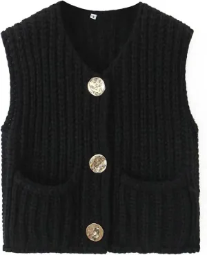 Sweater Vest Women Button Up Sleeveless Cropped Knit Vest Casual Chunky Vest With Pockets Fall Tops Knit Cardigan