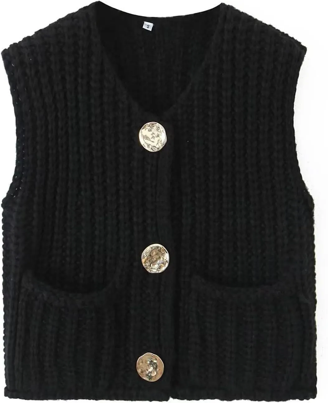 Sweater Vest Women Button Up Sleeveless Cropped Knit Vest Casual Chunky Vest With Pockets Fall Tops Knit Cardigan