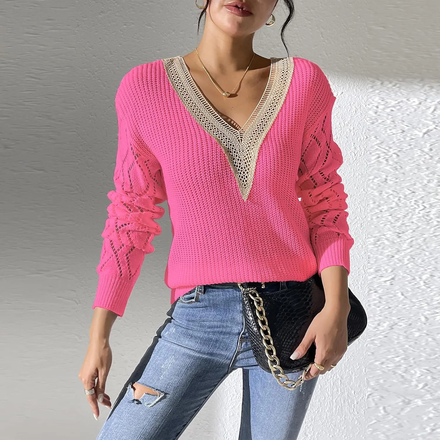 Sweaters Elegantes De Mujer, Long Sleeve Shirts for Women Trendy Casual V Neck Tops Lightweight Sweaters Pullover