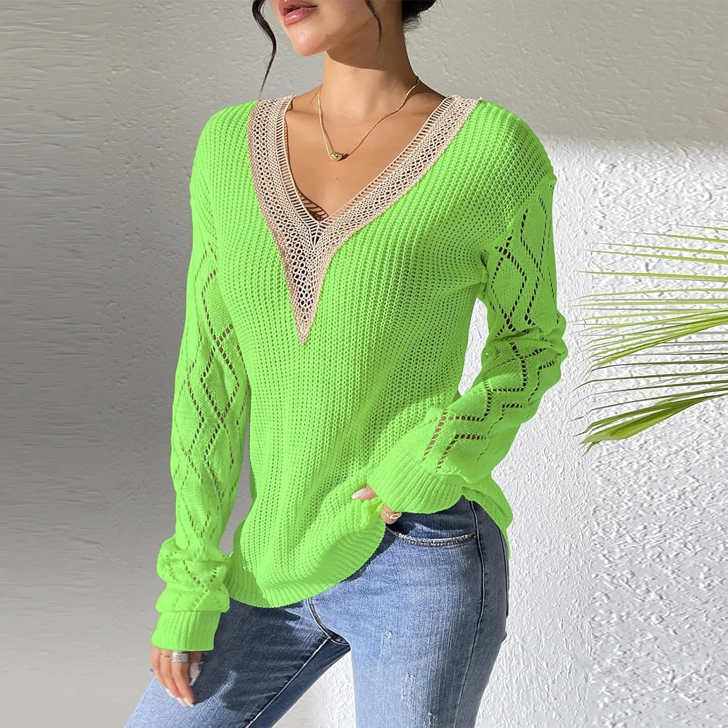 Sweaters Elegantes De Mujer, Long Sleeve Shirts for Women Trendy Casual V Neck Tops Lightweight Sweaters Pullover