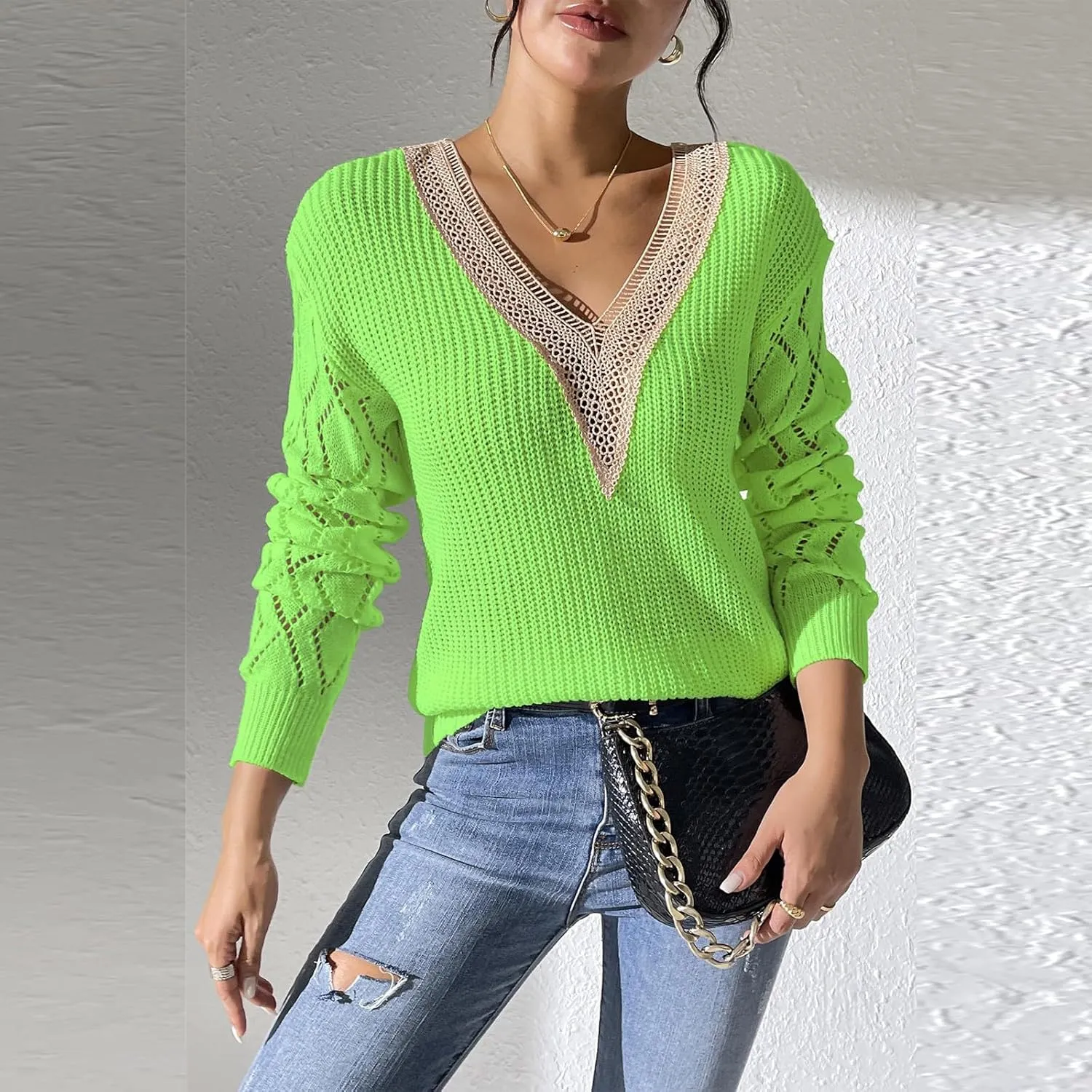 Sweaters Elegantes De Mujer, Long Sleeve Shirts for Women Trendy Casual V Neck Tops Lightweight Sweaters Pullover