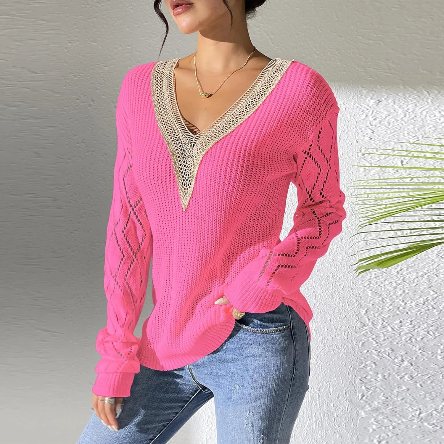Sweaters Elegantes De Mujer, Long Sleeve Shirts for Women Trendy Casual V Neck Tops Lightweight Sweaters Pullover