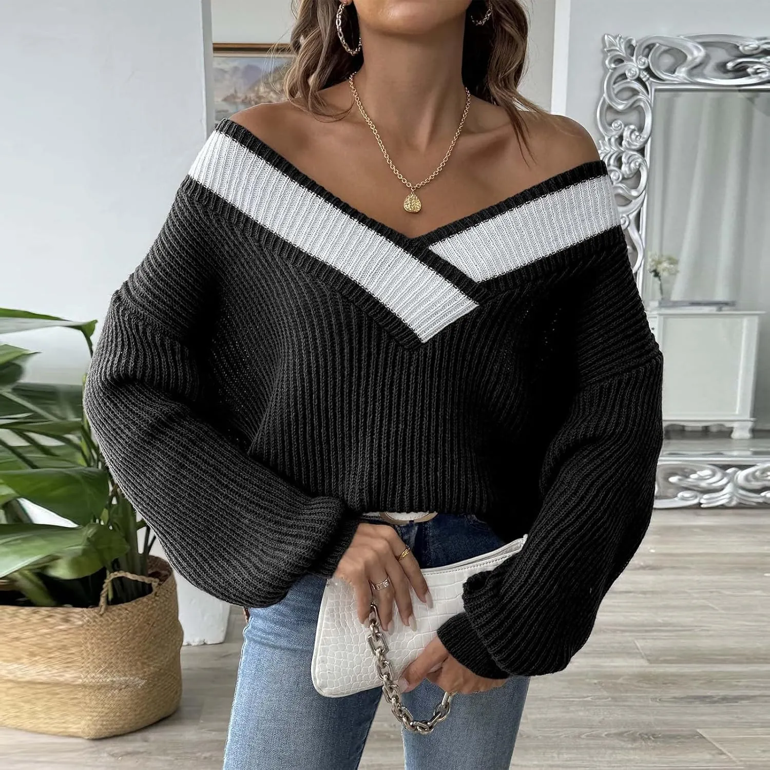 Sweaters Elegantes De Mujer, Long Sleeve Shirts for Women Trendy Casual V Neck Tops Lightweight Sweaters Pullover
