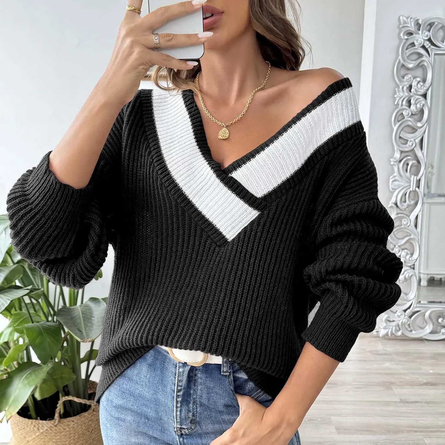 Sweaters Elegantes De Mujer, Long Sleeve Shirts for Women Trendy Casual V Neck Tops Lightweight Sweaters Pullover