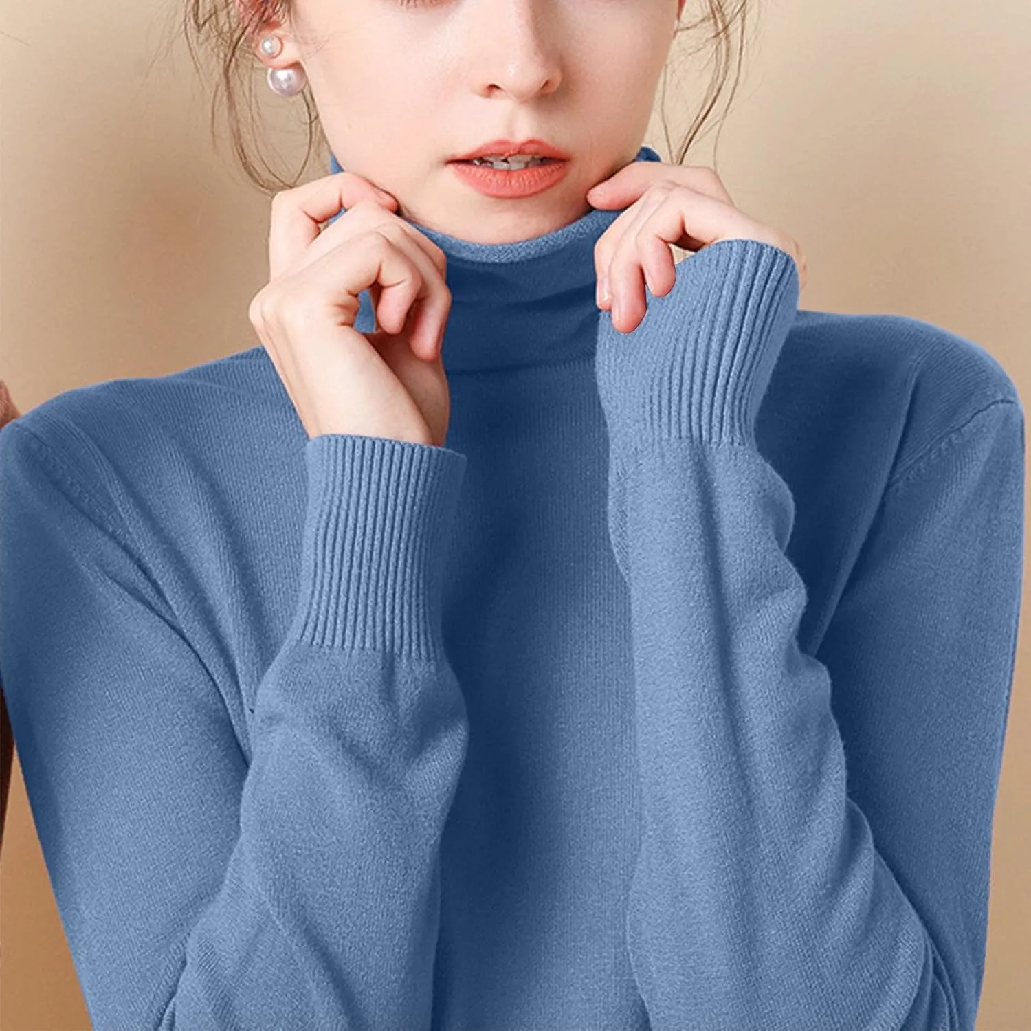 Sweaters for Women 2024 Long Sleeve Ribbed Knit Solid Color Turtleneck Fall Winter Lightweight Pullover Sweaters
