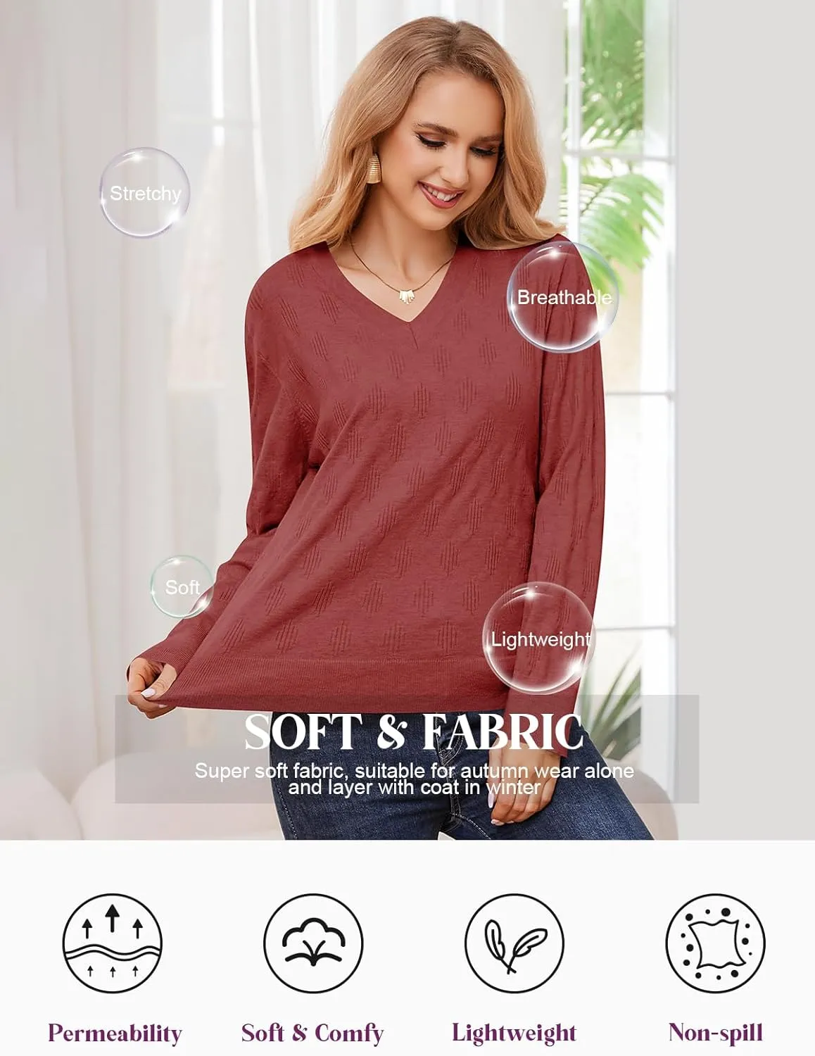 Sweaters for Women 2025 Spring Long Sleeve Lightweight Oversized Casual Classic V Neck Fashion Pullover Sweaters