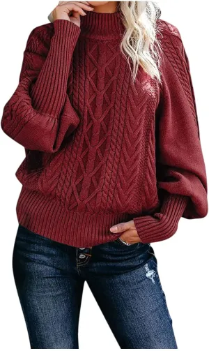 Sweaters for Women Mock Turtleneck Solid Cable Knitted Trendy Lantern Sleeve Warm Comfort Pullover Sweaters Tops