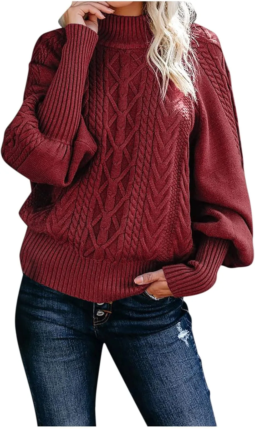 Sweaters for Women Mock Turtleneck Solid Cable Knitted Trendy Lantern Sleeve Warm Comfort Pullover Sweaters Tops